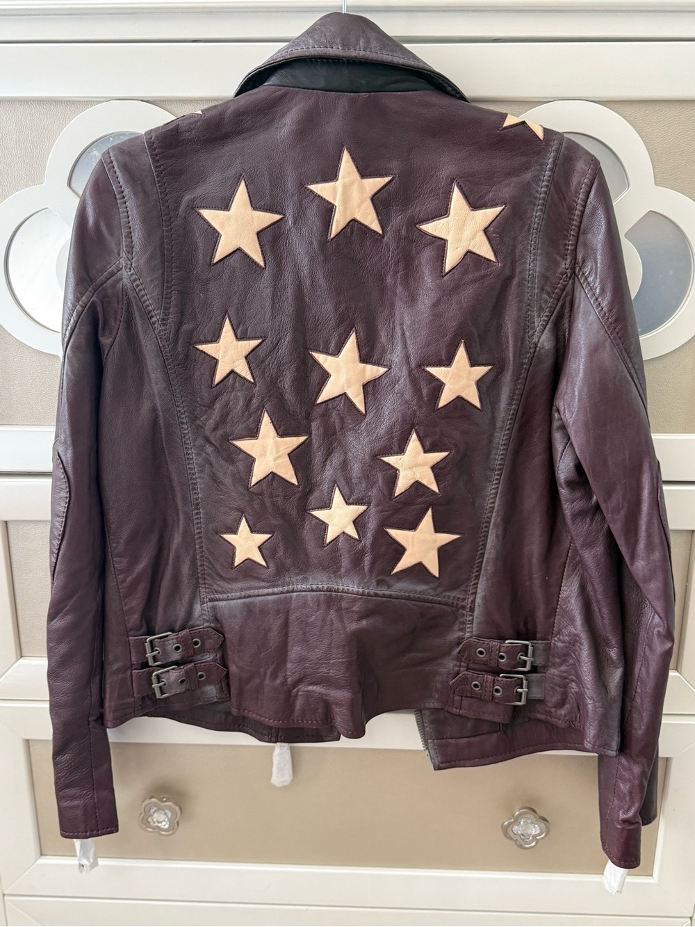 Free People Dark Cherry Christy Leather Moto Jacket with Star Accents